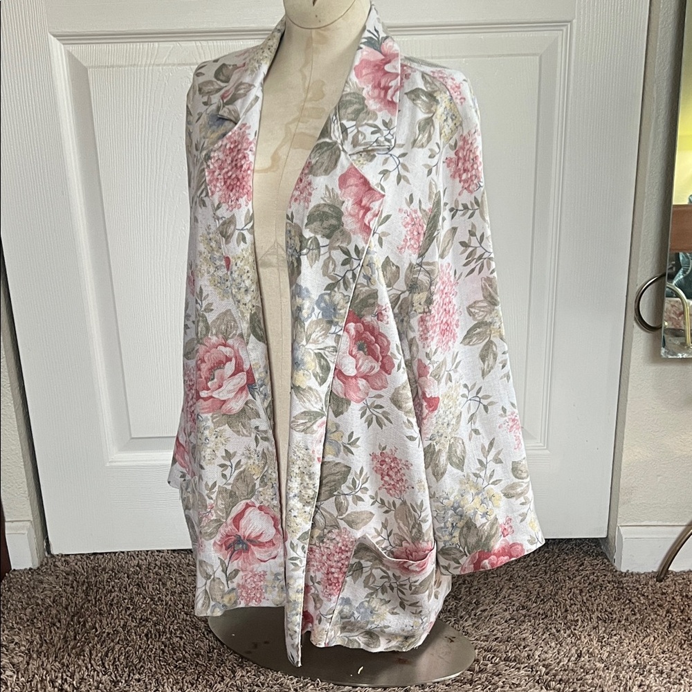 Vintage Floral Open Front Blazer Jacket Cottagecore Pastel Pink Cream Green